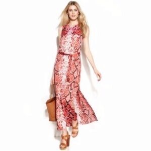 Michael Michael Kors Red Snake Print Button Sides Belted Maxi Dress Size Medium